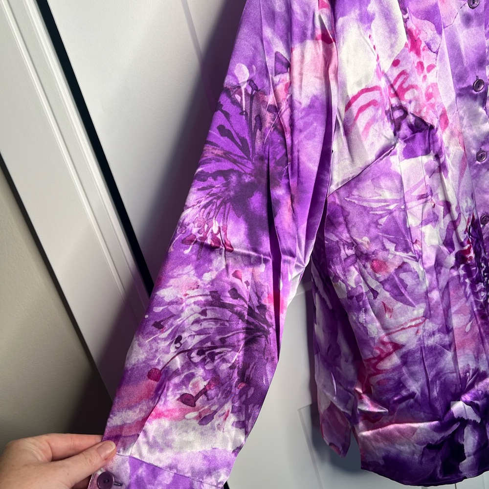 Susan Graver NWOT Purple Pink Floral Satin Button Down Blouse Women’s Plus 2X - Picture 4 of 8